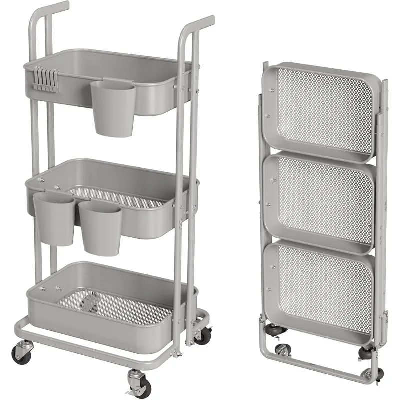 3 Tier White Metal Foldable Rolling Cart, Utility Cart with Wheels, Hanging Cups and Hooks, Kitchen Storage Cart for