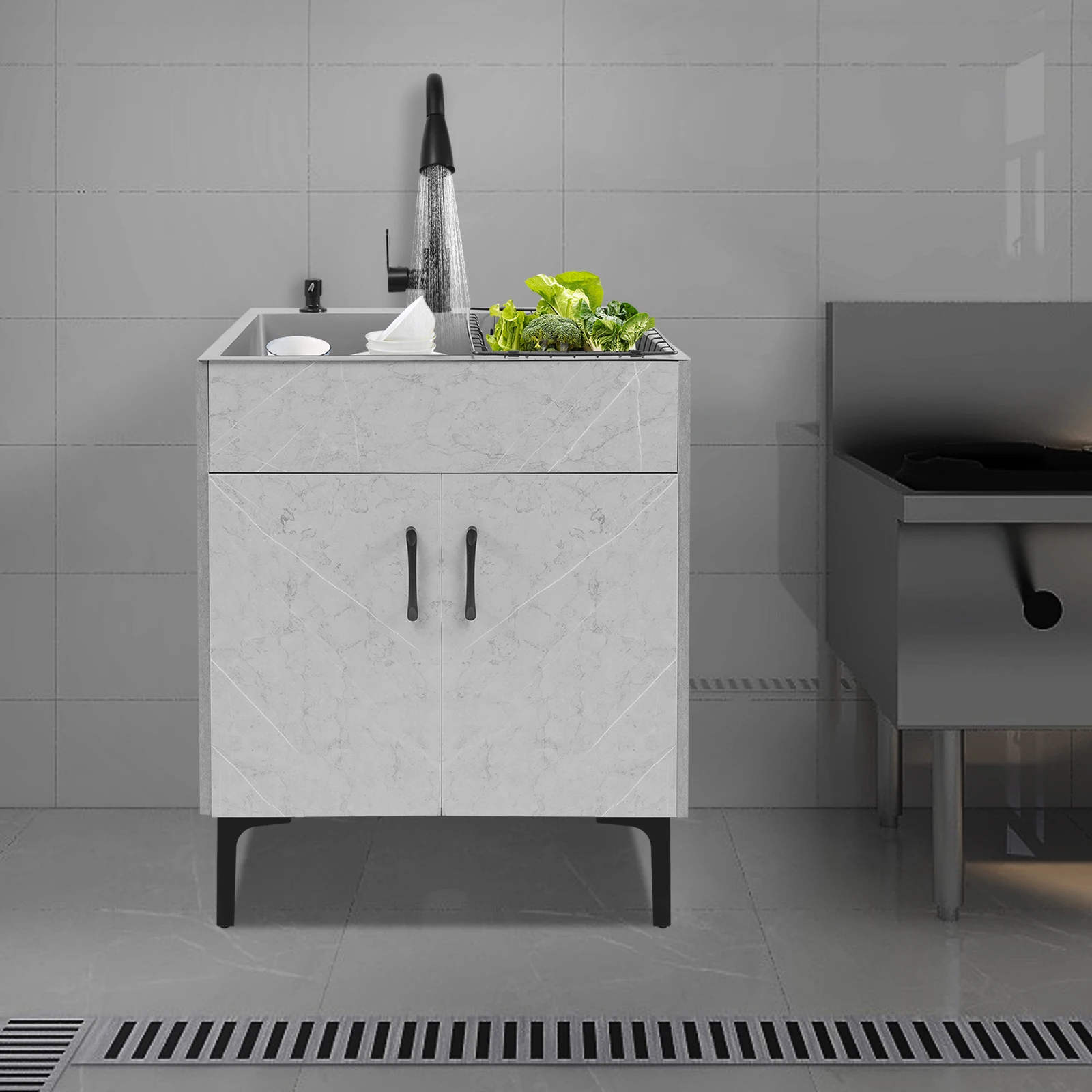 Mobiletto lavello 60*45 cm con lavabo, rubinetto e cestello di scarico Set completo per proprietari di case e appaltatori per cucina e bagno Grigio chiaro