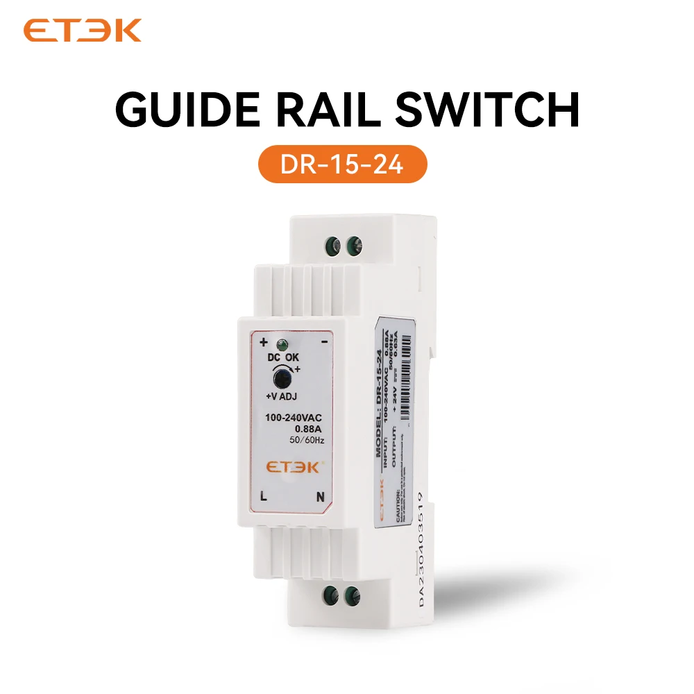 

ETEK 15W Single Output 24V DR-15 Series 0.63A Industrial Din Rail AC 110V 220V To DC 24VPower Supply Switch DR15-24