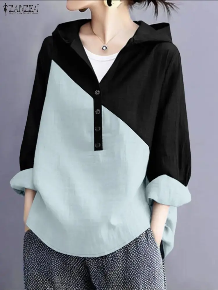 

ZANZEA уличная мода блузки с капюшоном женские цветные блокированные блузки с длинными рукавами и полупуговицами осень 2200, легкие шикарные женские топы