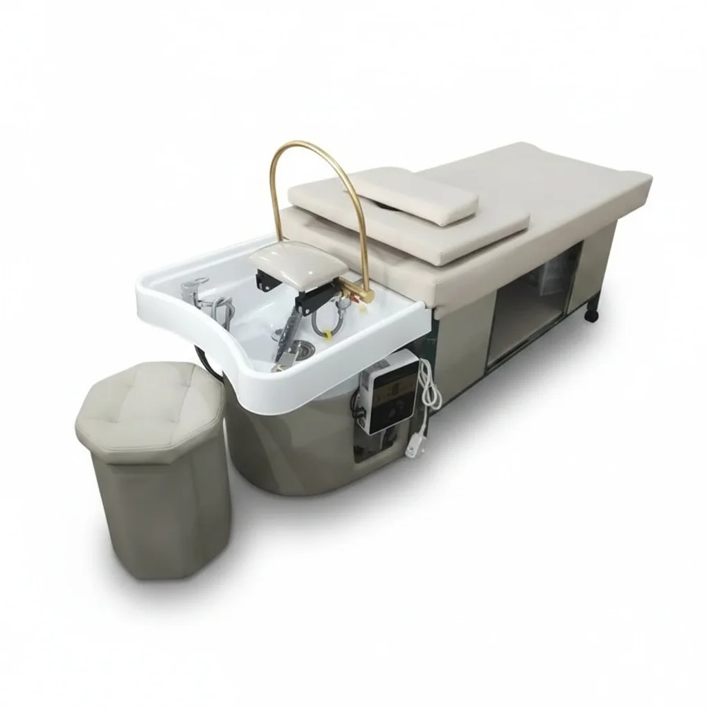 

Head Spa Station, PU Leather Stainless Steel Shampoo Basin, Professional Massage Table Hair Wash Bed, Salon Furniture