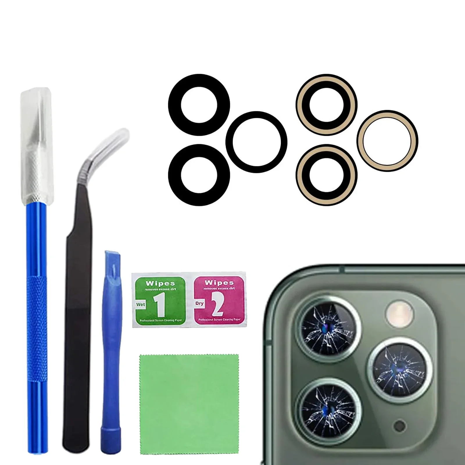 مجموعتان من زجاج عدسة الكاميرا الخلفية الأصلية لهاتف آيفون 11 برو / 11 برو ماكس مع مجموعة أدوات لاصقة مثبتة مسبقًا والإصلاح