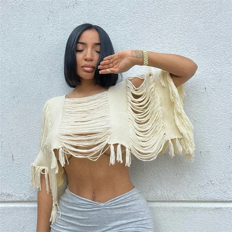 

Fashion Unique Cloak Women Sexy Hollow Out Knitted Tassel Pullover Blouse Summer Casual Loose Crop Tops Beach Cover Ups