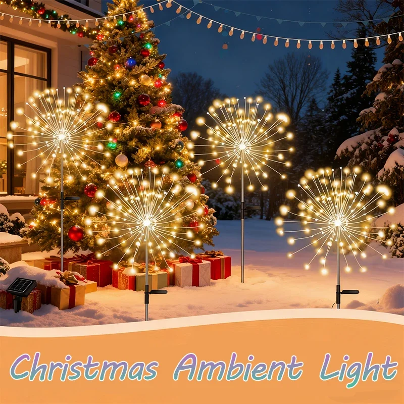 Solar Christmas Firework Lights Outdoor, LED Dandelion Lawn Lamp for Xmas Decor, Waterproof Garden Pathway Atmosphere Lighting