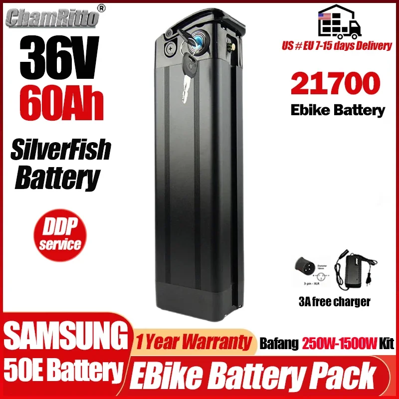 

36V Bafang 250w 500w 1000w motor E bike Silverfish Battery 20ah 25ah 30ah 40ah 50 60ah Electric bike Akku 21700 lithium batterij