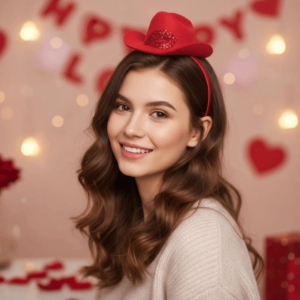 

Funny Felt Valentine's Day Hair Hoop Sequins Plastic Shining Lip Print Hairband Red Sweet Pink Cowboy Hat Headband Women