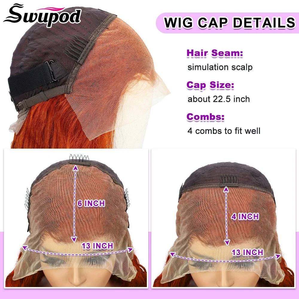 Swupod 13x4 13x6 220% Density Transparent HD Lace Front Wig for Women Deep Wave Remy Human Hair Ginger Orange 350# Loose Curly