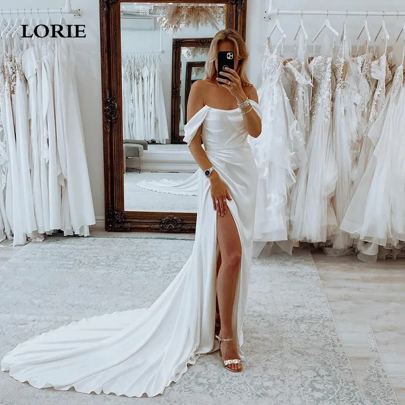 

LORIESimple Ivory Mermaid Wedding Dress Satin Pleat Off The Shoulder Bride Dresses Side Split Saudi Arabia Wedding Party Dress