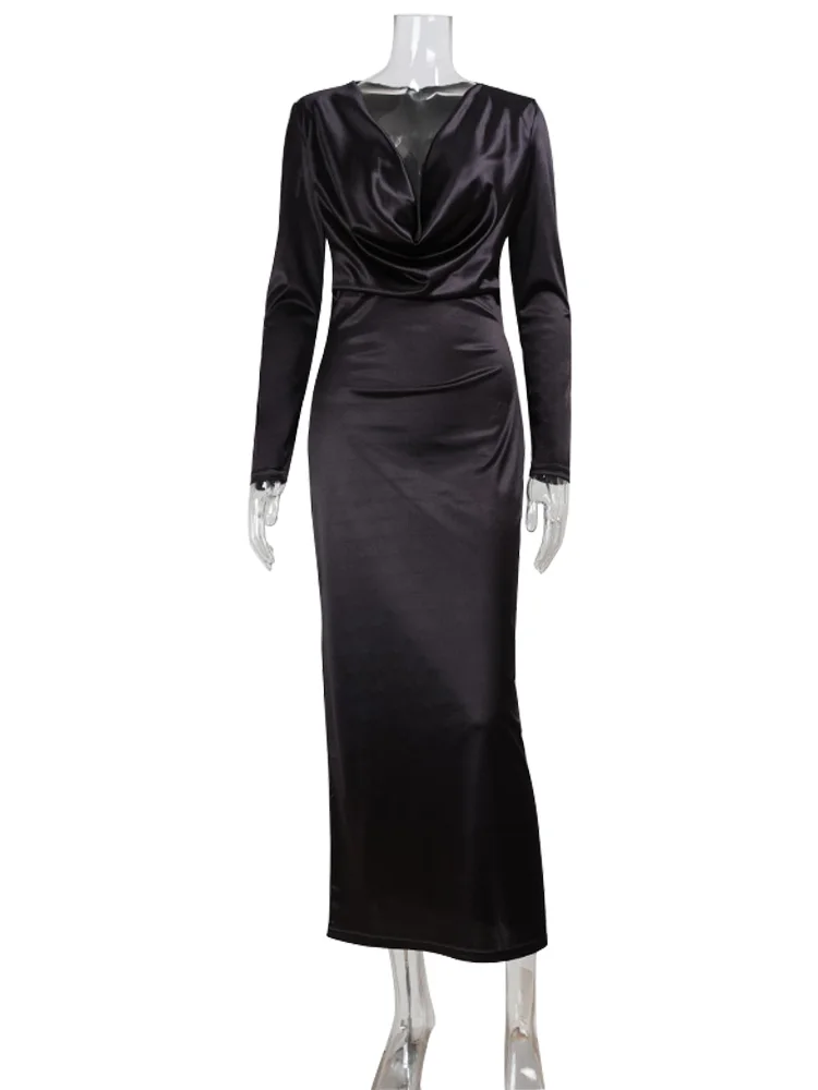 CNYISHE Swinging Collar Solid Evening Party Outifts Fashion Women Dresses Long Sleeve Hip Wrap Sexy Club Sheath Bodycon Female