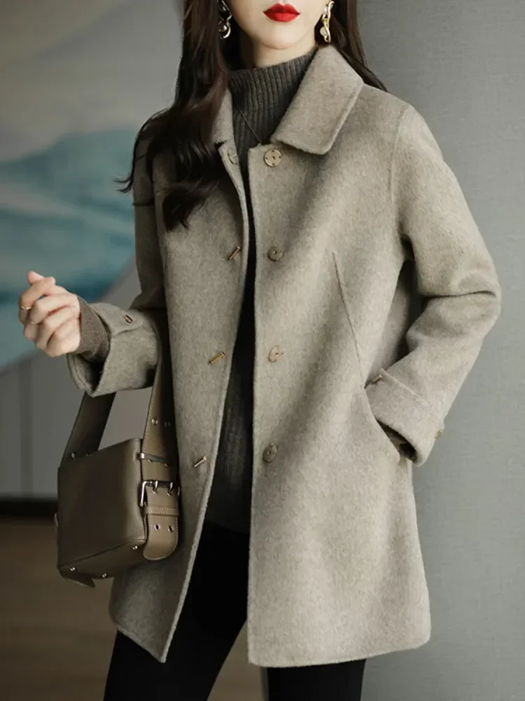 Autumn Winter Woolen Coat Mid Length Version Fashion Lady Square Collar Single Breasted Advanced Sense Coats  Wide-waisted 2023