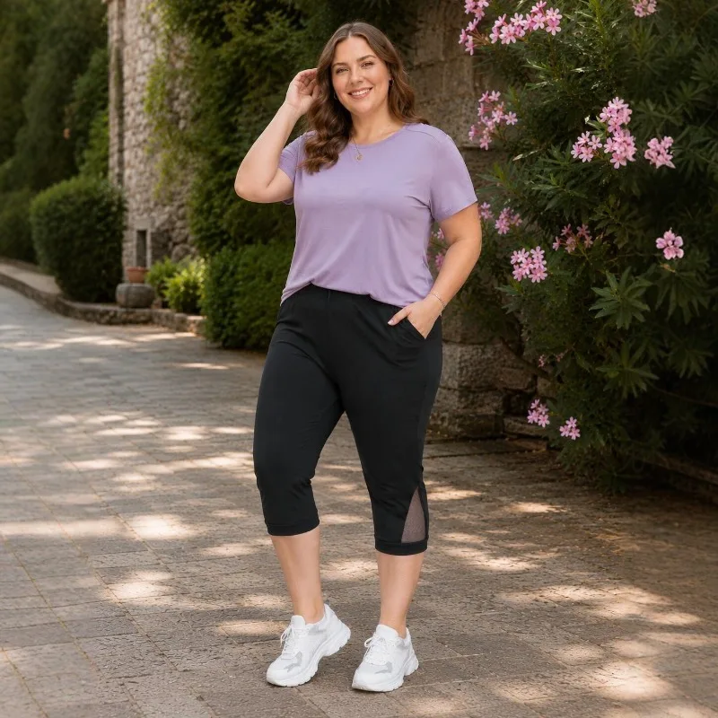 Mesh Hem Capri Pants for Women Elastic Waist Cropped Trousers Loose Fit Breathable Summer Casual Wear Plus Size Lightweight view 2