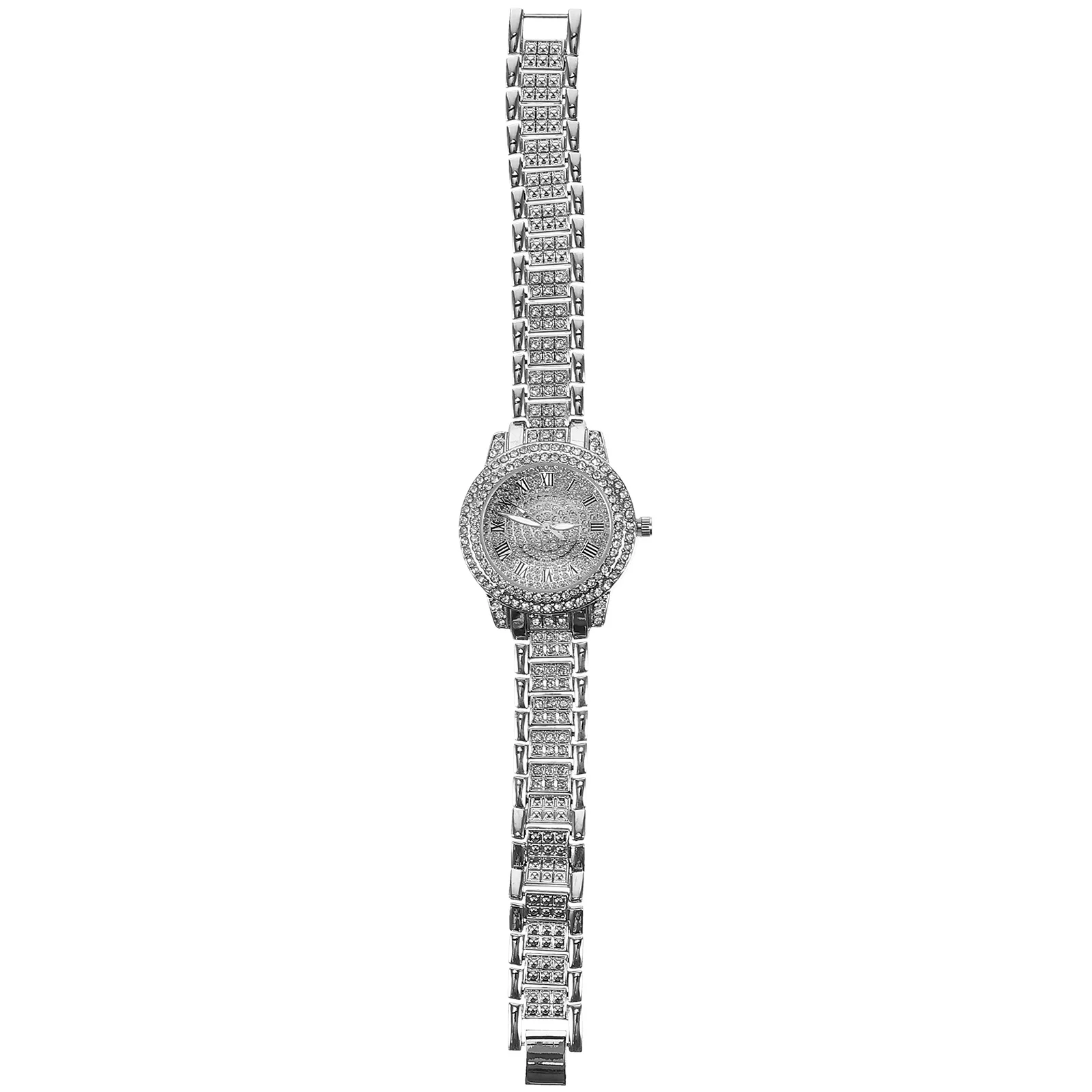 

Full Diamond Roman Watches for Men Adjustable Strap Quartz Wristwatch Silver Color Stylish Male Gift