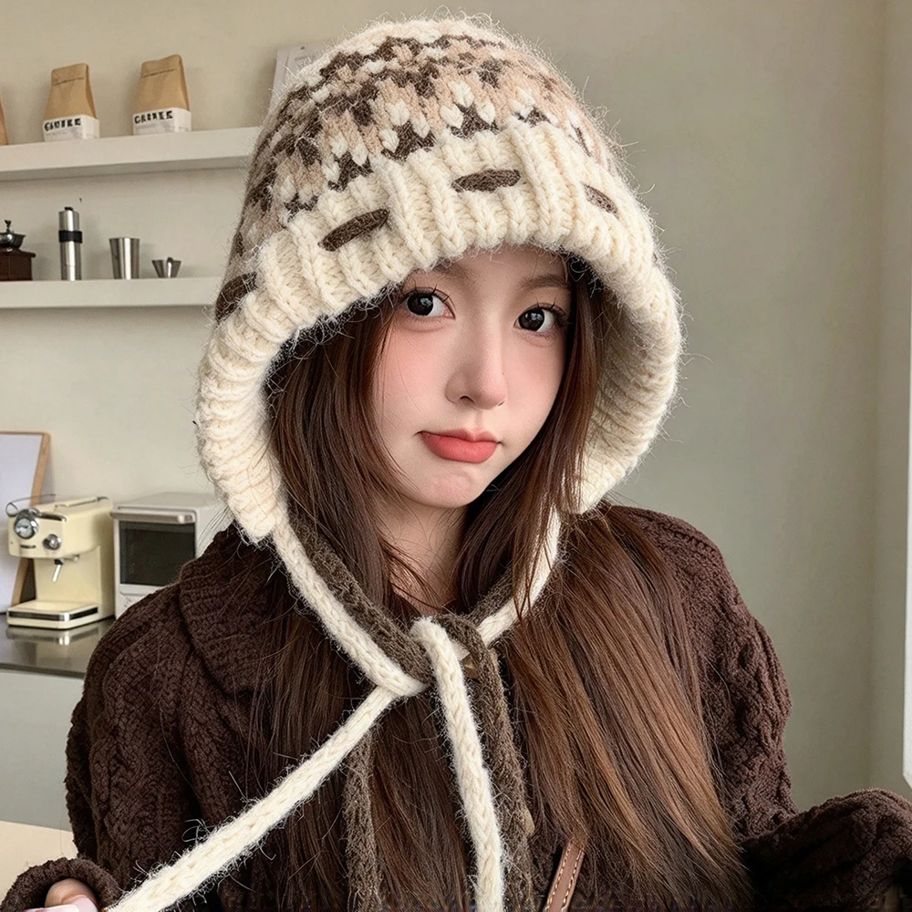 Warm Knitted Cap Winter Anti-cold Thickened Bomber Hat Fashionable Ear Protection Windproof Women Outdoor Skiing Protectors Hats