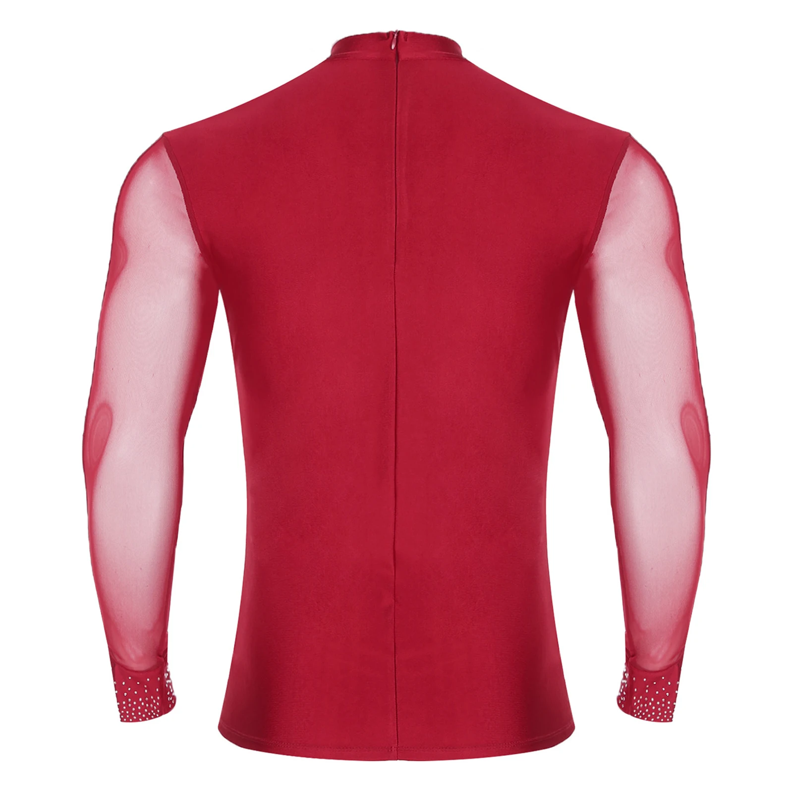 Top de baile latino para hombre, camiseta de manga larga con cuello simulado y diamantes de imitación brillantes de malla transparente, blusa para escenario de Ballet Chacha Tango