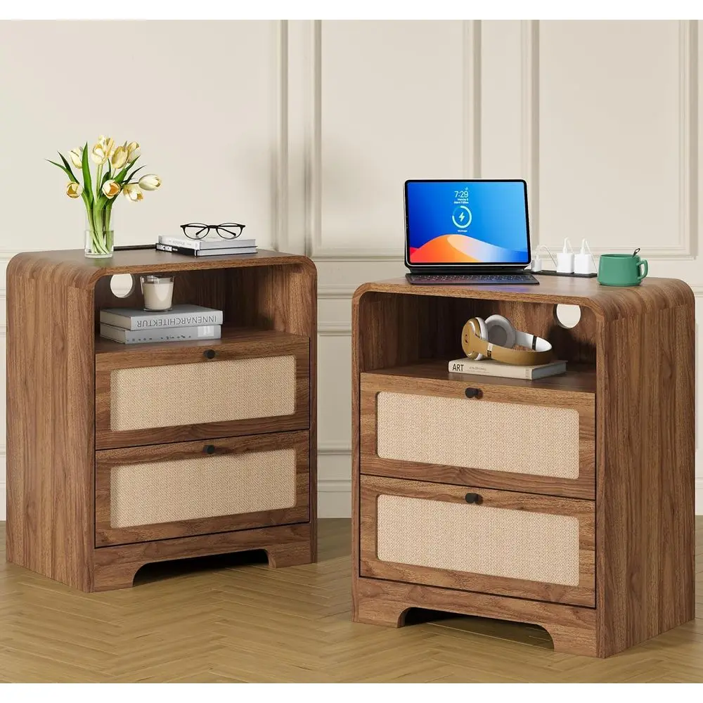 Set o 2 Night Stand with Charging Station, 19.7" Wooden Side Table Curved Nightstands with 2 Ders & USB/Type-C Ports, Century er