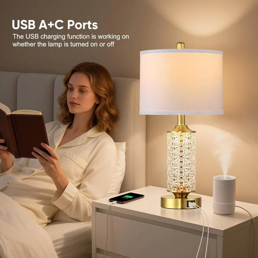 مجموعة من 2 مصابيح طاولة مع منافذ USB A + C مصباح بجانب السرير حديث مع ضوء ليلي LED مصباح بجانب السرير لمصابيح منضدة غرفة النوم