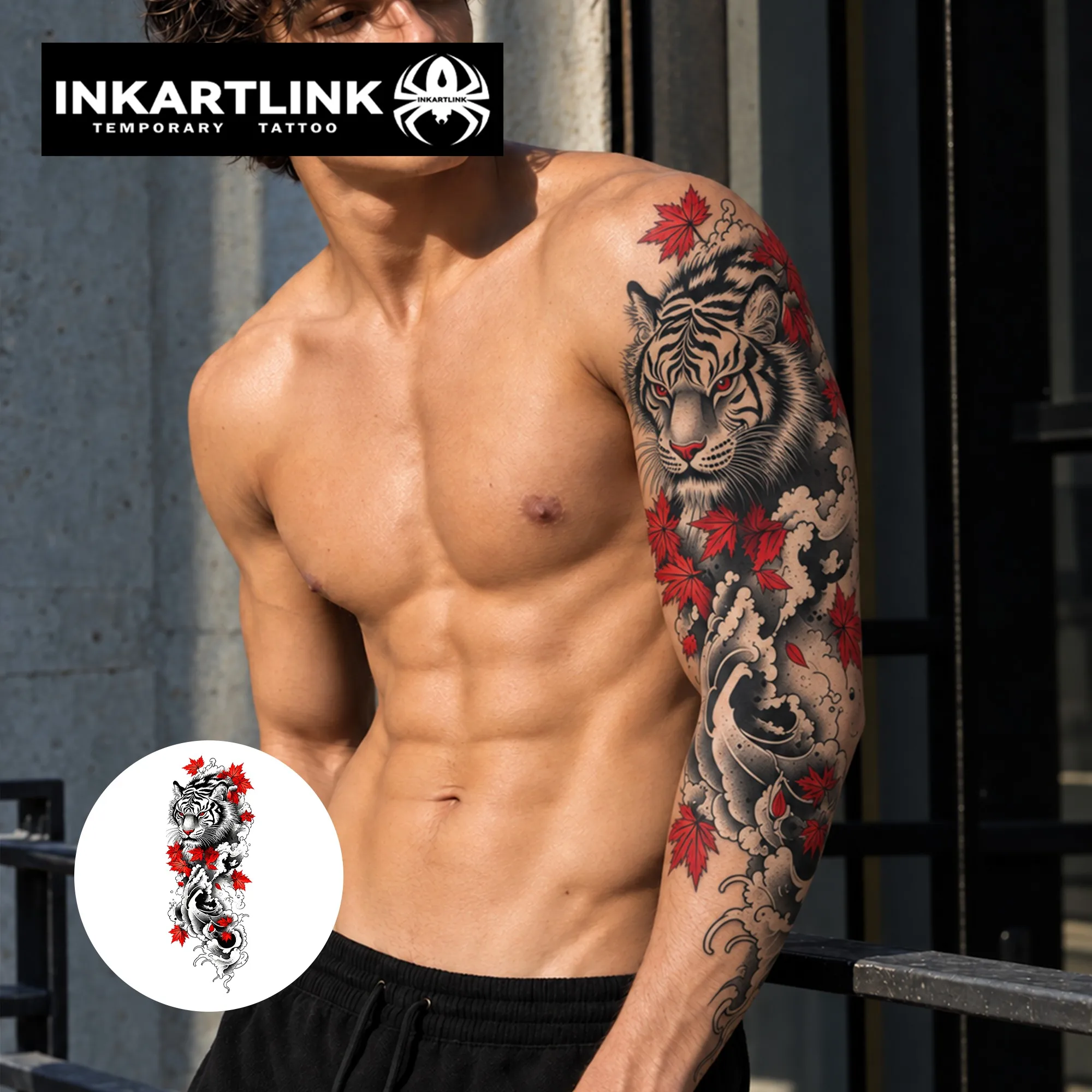 INKARTLINK 1PC Herbal Red Leaf Tiger Tattoo Lasts 2-5 Days, Unisex for Parties, Night Out & Dark Style