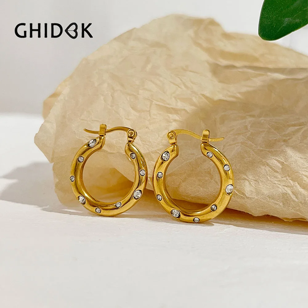 GHIDBK Stunning Pave Cz Rhinestones Gold Plated Huggie Hoop Earrings Women Titanium Steel Non Tarnish Jewelry Wholesale ornament