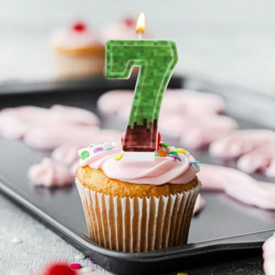 Pixel Birthday Number Candle Green Brown Paraffin Cake Toppers Decorations for Miner Game Party Number 7