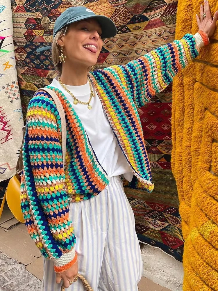 

Autumn Winter Cardigan Stripe Sweater Casual Multi-color Hand Hook Loose Knit Women's Clothing Knitwear Soft Warm Female Tops