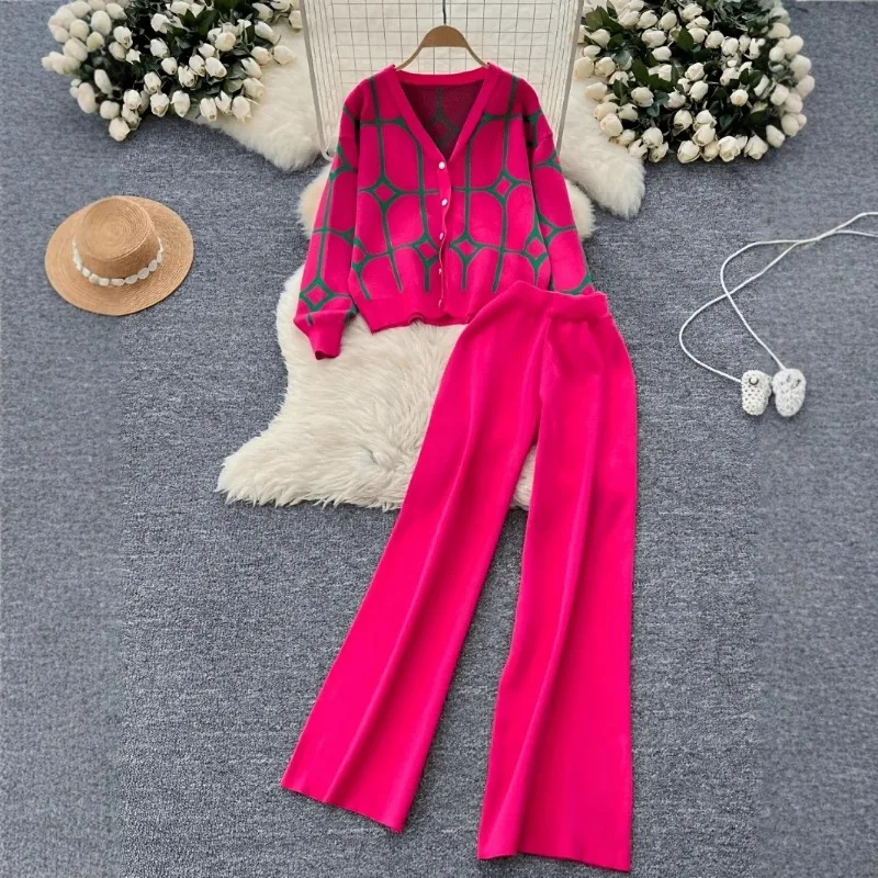 

Spring Autumn Womens Pant Sets Two-Piece Sets Jacquard V-neck Knit Cardigans Wide-leg Pants Long-Sleeve Sweaters Trouser Outfit
