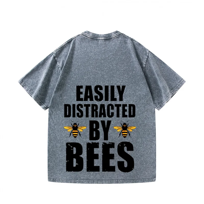تي شيرت رجالي رمادي يشتت بسهولة بواسطة Bees Graphic Print كاجوال للارتداء اليومي، قمة الموضة الصيفية