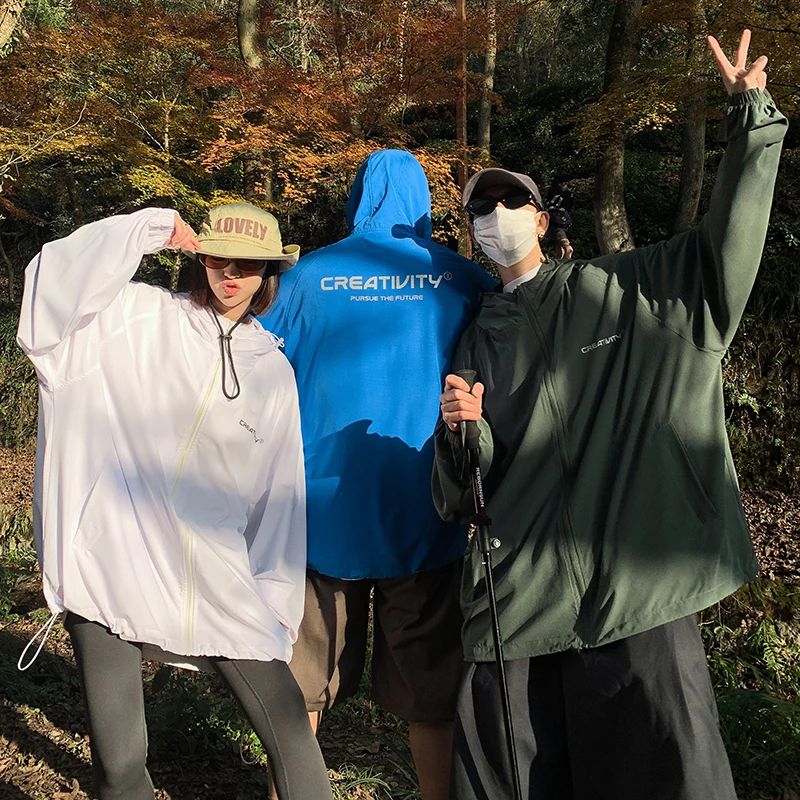 

Men's Summer Thin Ice Silk Hooded Sun Protection Jaet Breathable Cool Feeling Outdoor Casual Loose Fit Long Sve Zipper