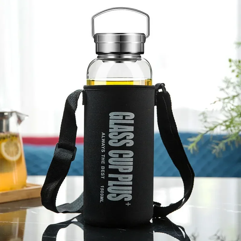 2L Glass Water Bottle with Strap , Sport Water Bottles Outdoor Travel Portable Leakproof Drinkware Tea Glass Bottle With Infuser
