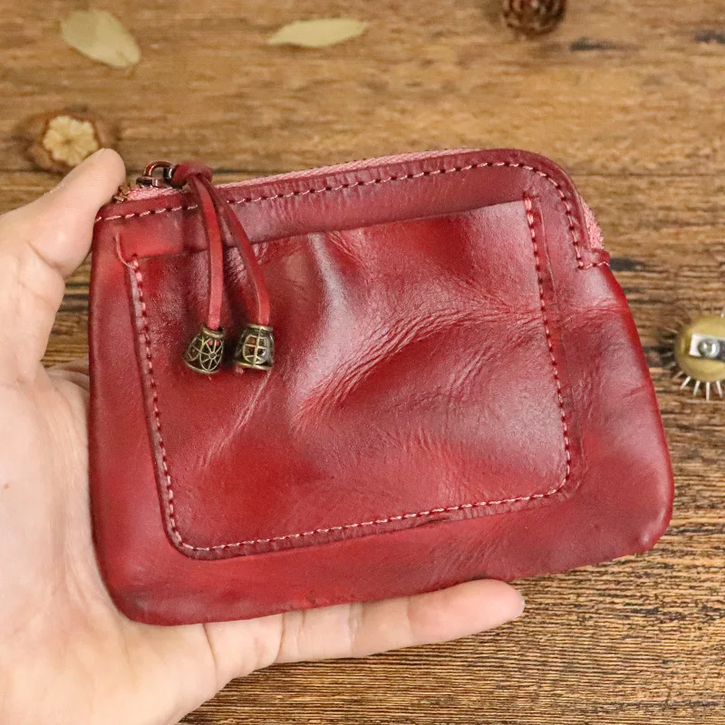 Vintage Vegetable Tanning Leather Small Coin Purse Key Bag Wallets Mini PU Leather Girls Card Storage Holder Money Jewelry Bag