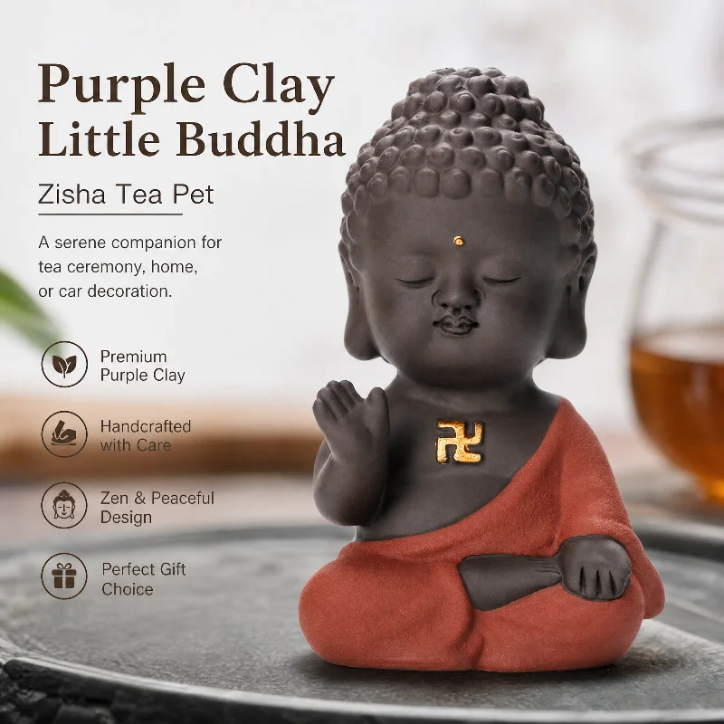Cute Small Buddha Statue Purple Clay Tathagata Figurine, Zen Tea Pet Ornament for Home Car Teahouse Decor