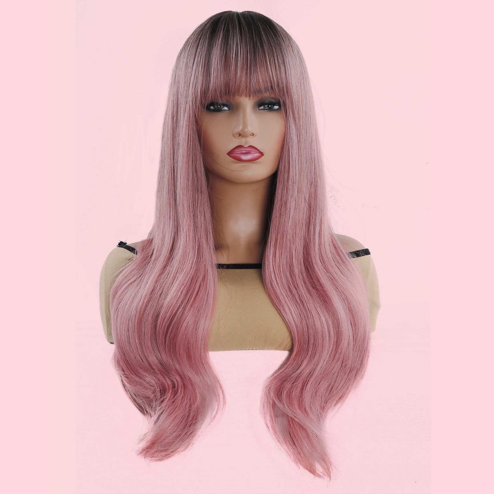 

28inch Long Curly Hair with Gradient Pink Color, Middle Parting with Bangs, Synthetic Wig, Suitable for Festivals and Parties