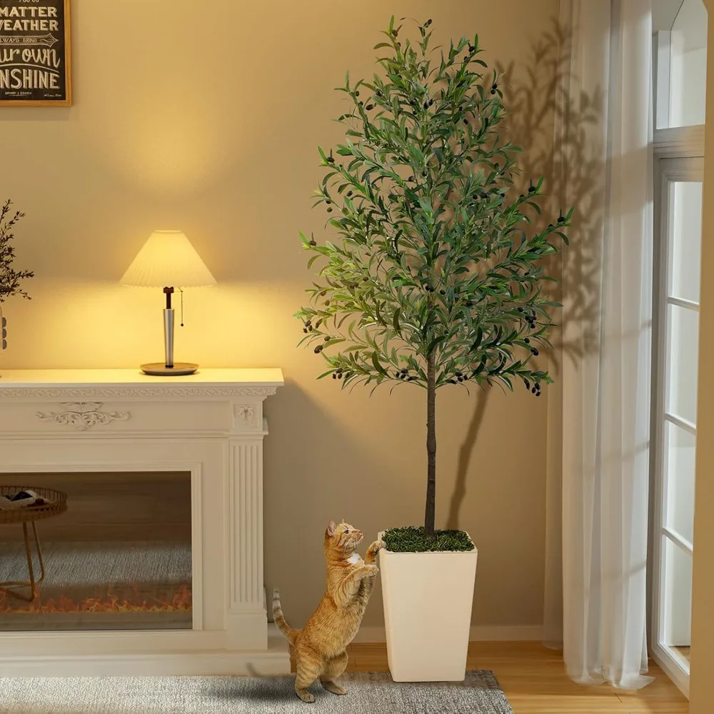 Artificial 7ft Tall Indoor Olive Tree with Realistic Silk Leaves and Natural Wood Trunk - Lifelike Faux Plant for Home Decor