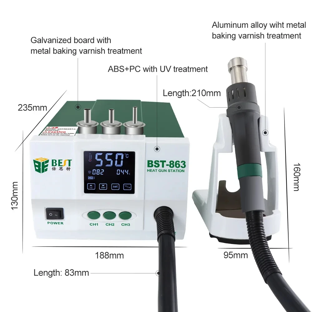 Stasiun Pengerjaan Ulang Udara Panas BST-863 Dapat Disesuaikan Bebas Timah, Layar Sentuh Penyolderan, LCD Daya Kuat, 1200W, Telepon, CPU, PCB