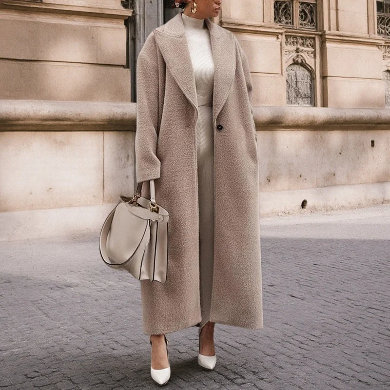 

Women's Plush Cardigan Long Sleeve Blends Warm Jackets Autumn Winter Loose Lapel Solid Color Single Button Coats Overcoat