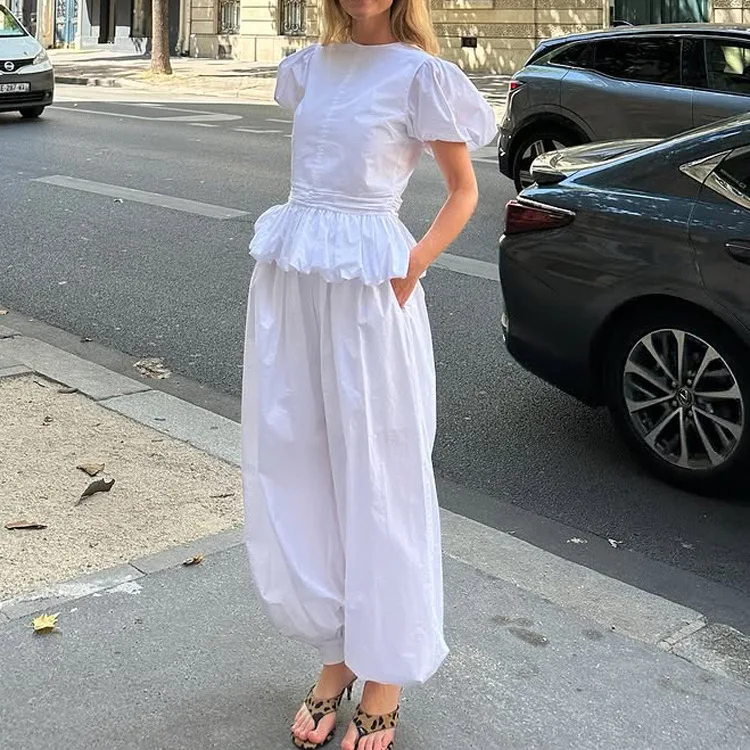 100%Cotton Women' S Clothes 2 Piece Sets Fashion Puff Sleeve Ruffled Blouses And Pockets Ankle-Length Pants Set