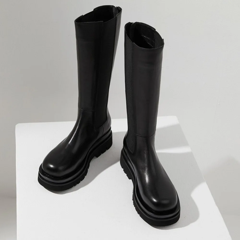 Men Knee High Boots Thick-soled Genuine Leather Long Boots Round Toe Platform Shoes Fashion Knight Boot Zipper Leather Men Shoes