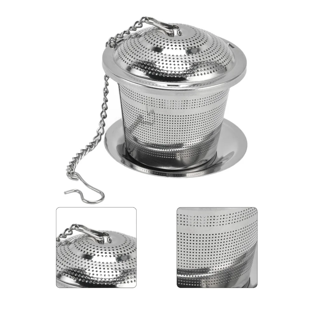 With Saucer Stainless Steel Tea Strainer Small Holes Mesh Barrel Shaped Loose Tea Steeper Chained Lid Tea Ball Tea Brewing