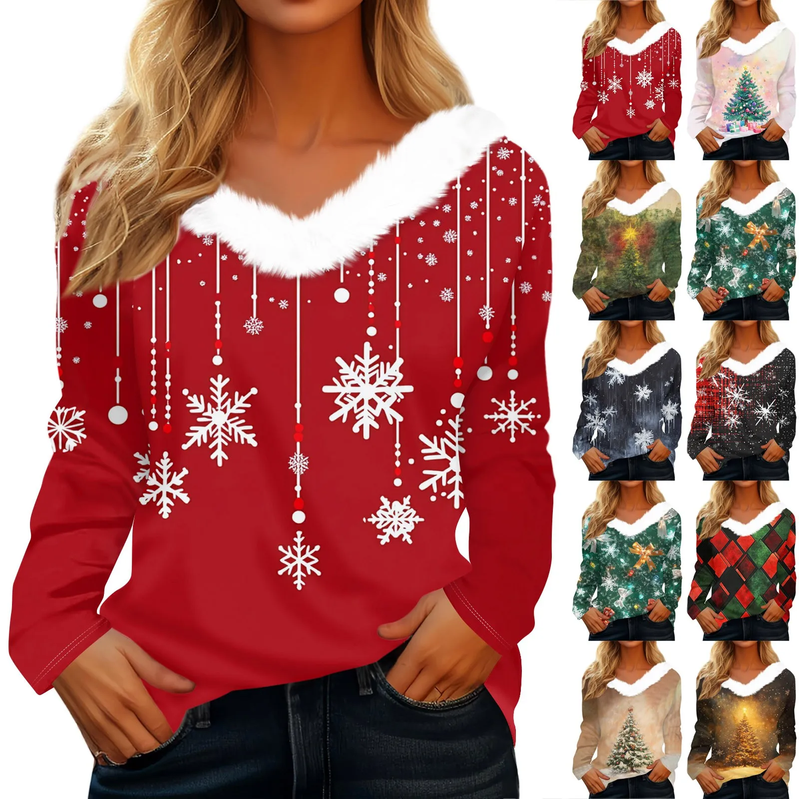 y2k Christmas Snowflake Print Women\'s T-Shirt Long-Sleeve Casual Daily Wear 2024 Women Tops V-Neck Plush ropa de mujer ofertas