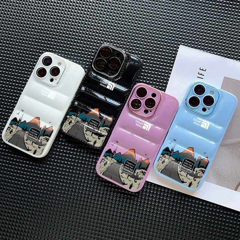 Funda de teléfono Snow Mountain Highway North para iPhone 16 15 14 13 12 11 Pro Max X XR 8 7 Plus chaqueta de plumón anticaída cubierta a prueba de golpes