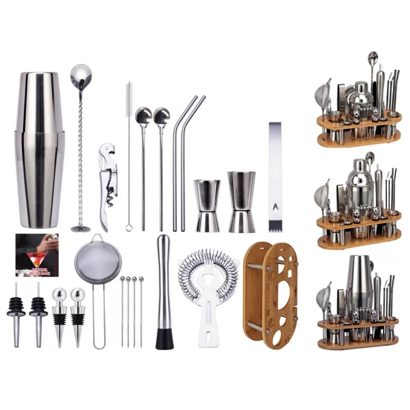 

23-Piece Cocktail Shaker Set,Bartender Kit With Oval Bamboo Stand Detachable,Perfect Gift Bar Tools Stainless Steel