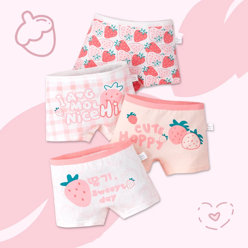 4pcs Girls Underwear Little Girl Boxer Shorts 5-14 Year Old Student Cartoon Underwear Cotton Strawberry Children Underwear