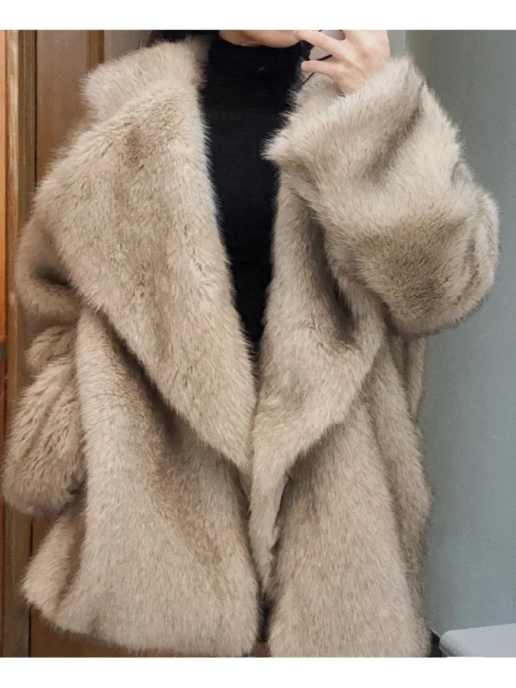 Autumn Winter New Women Faux Fur Coats Korean Fashion All-match Solid Pockets Thicken Fox Fur Cardigan Slim Jackets Tops