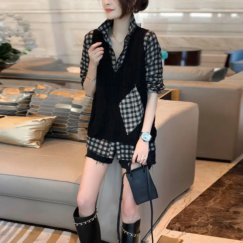 Female Clothing Plaid Polo-Neck Blouse Casual Spliced Knitted Sweater Vest Fashion Fake Two Pieces All-match Long Sleeve Shirt