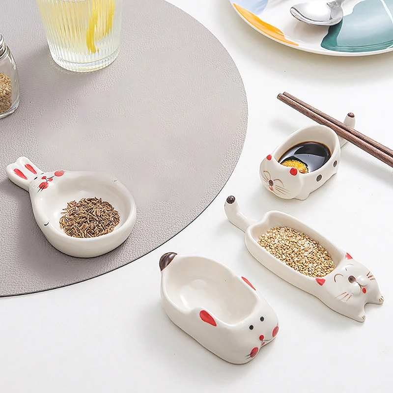 Cute Cat Ceramic Small Dish Mini Mustard Pesto Tomato Ketchup Soy Sauce Dish Seasoning Plates With Handle For Home Restaurant