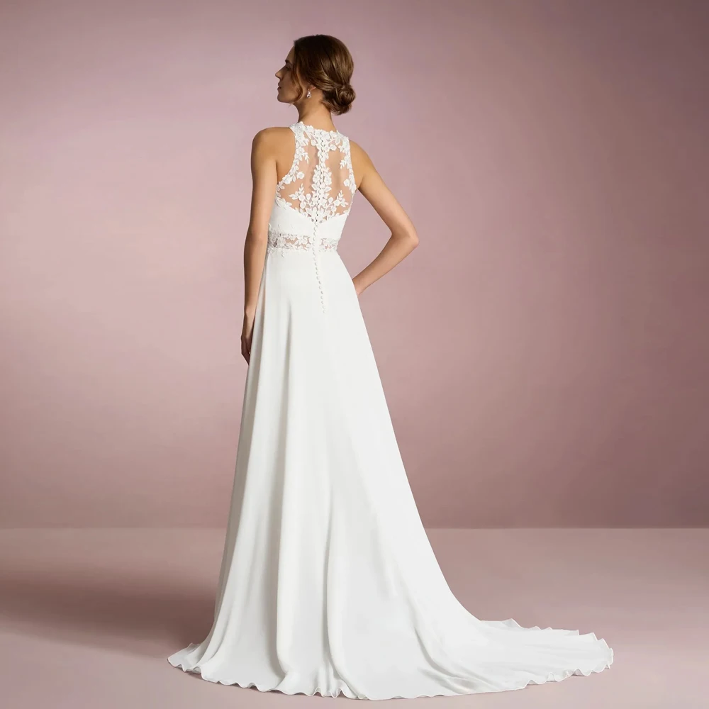 Fashion O Neck Sleeveless Wedding Dresses Applique Lace Bridal Grown Illusion Back Customized Floor Length New Vestidos De Novia