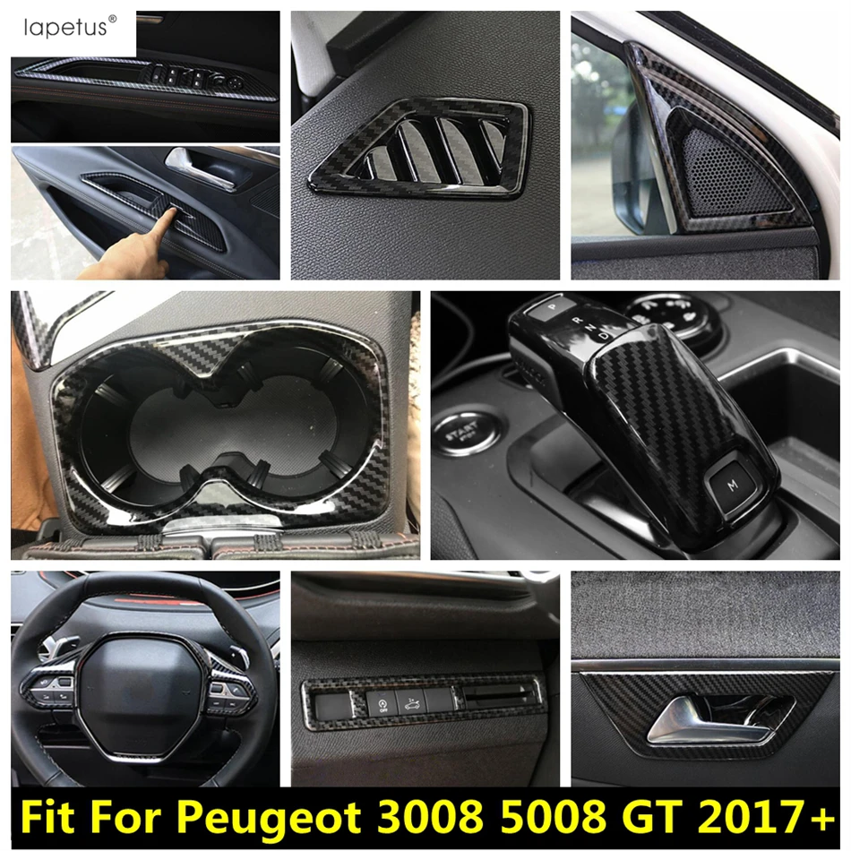 Carbon Fiber Look Interior Kit For Peugeot 3008 5008 GT 2017 - 2023 Water Cup Holder / Door Handle Bowl Cover Trim Accessories