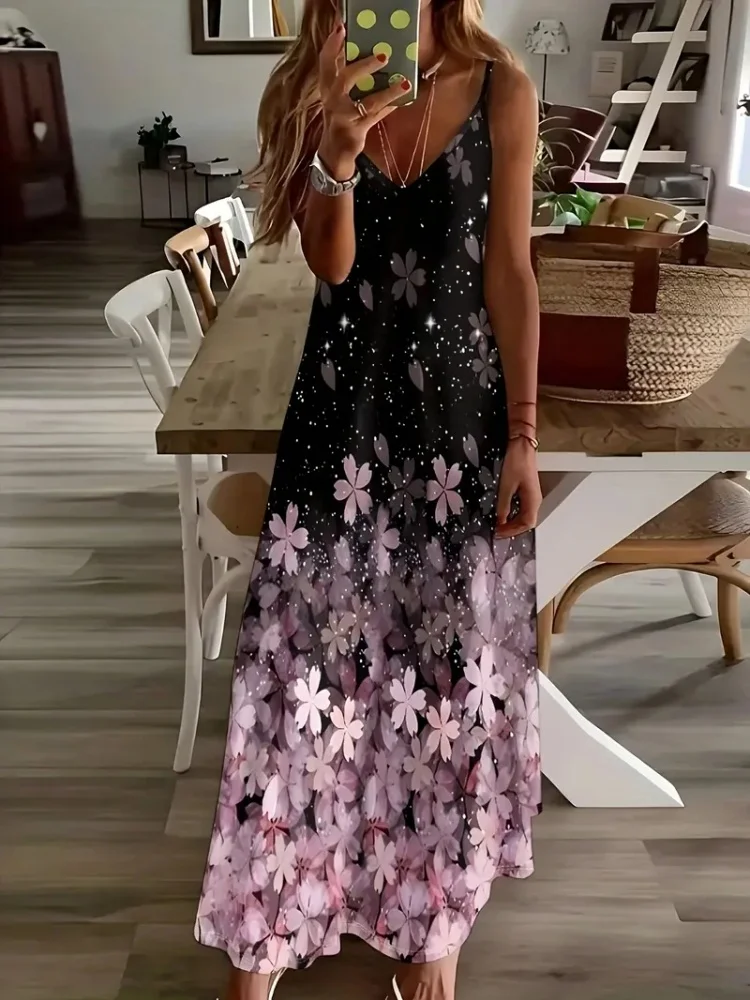 

Women's Floral Print V-Neck Sleeveless Dress A-Line Loose Maxi Dresses For Vacation Beach Fashion Summer Clothing