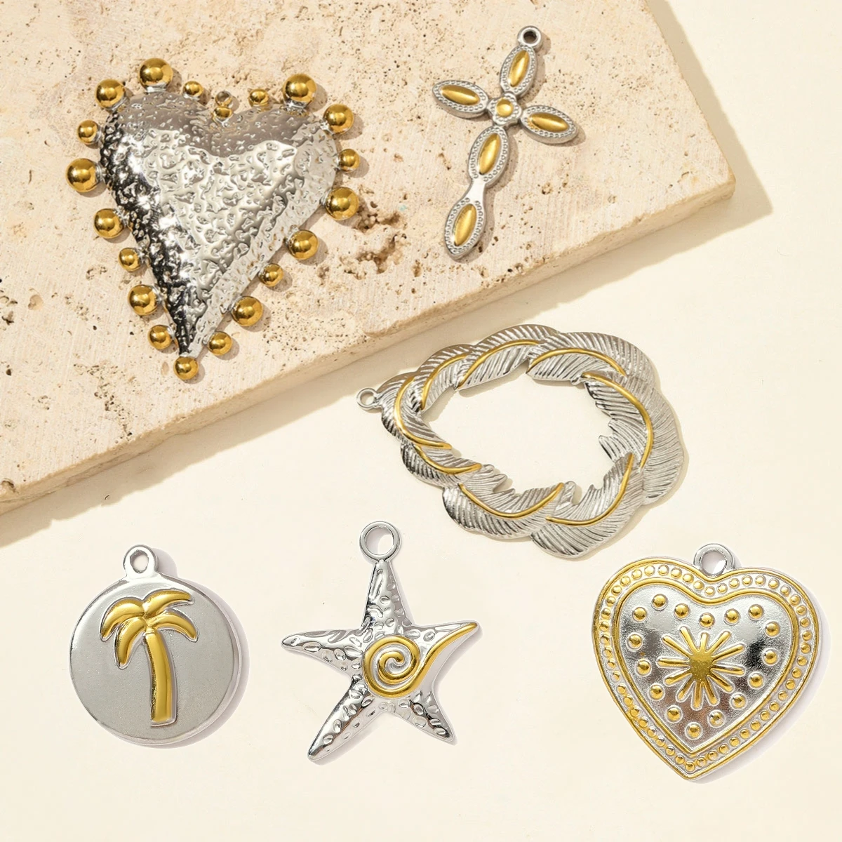 6Pcs/Lot Stainless Steel Two Tone Cross Heart Starfish Pendants Charms for DIY Jewelry Making Necklace Earring Accessory - Detail 1
