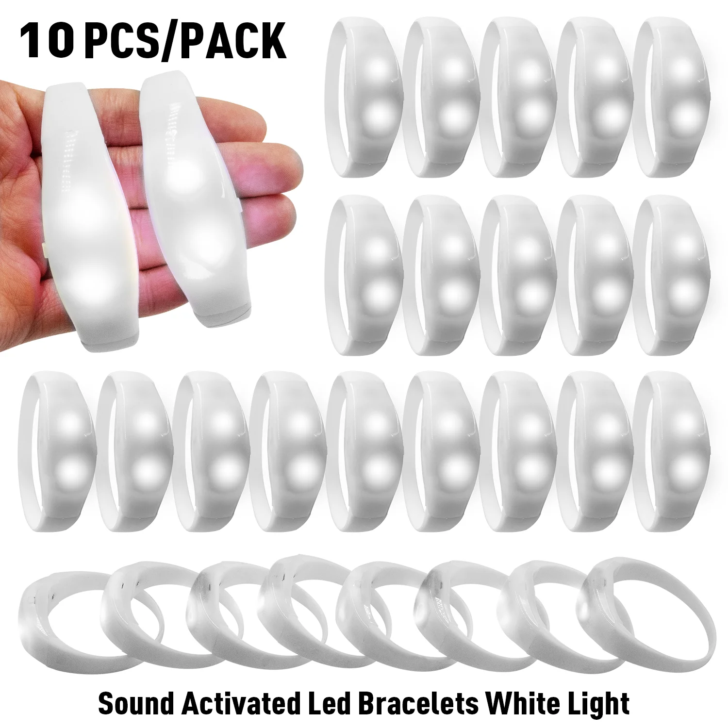 Sound Activated LED Bracelets, 7-Color Light-Up Wristbands, Soft Silicone, One-Touch Control, Party Favors, Pack of 10
