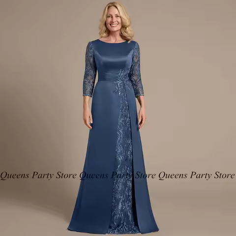 Lace Satin Mother of The Bride Dress Ink Blue Customized 3/4 Sleeves Sequin Appplique Evening Dress Mom Wedding Party Gowns